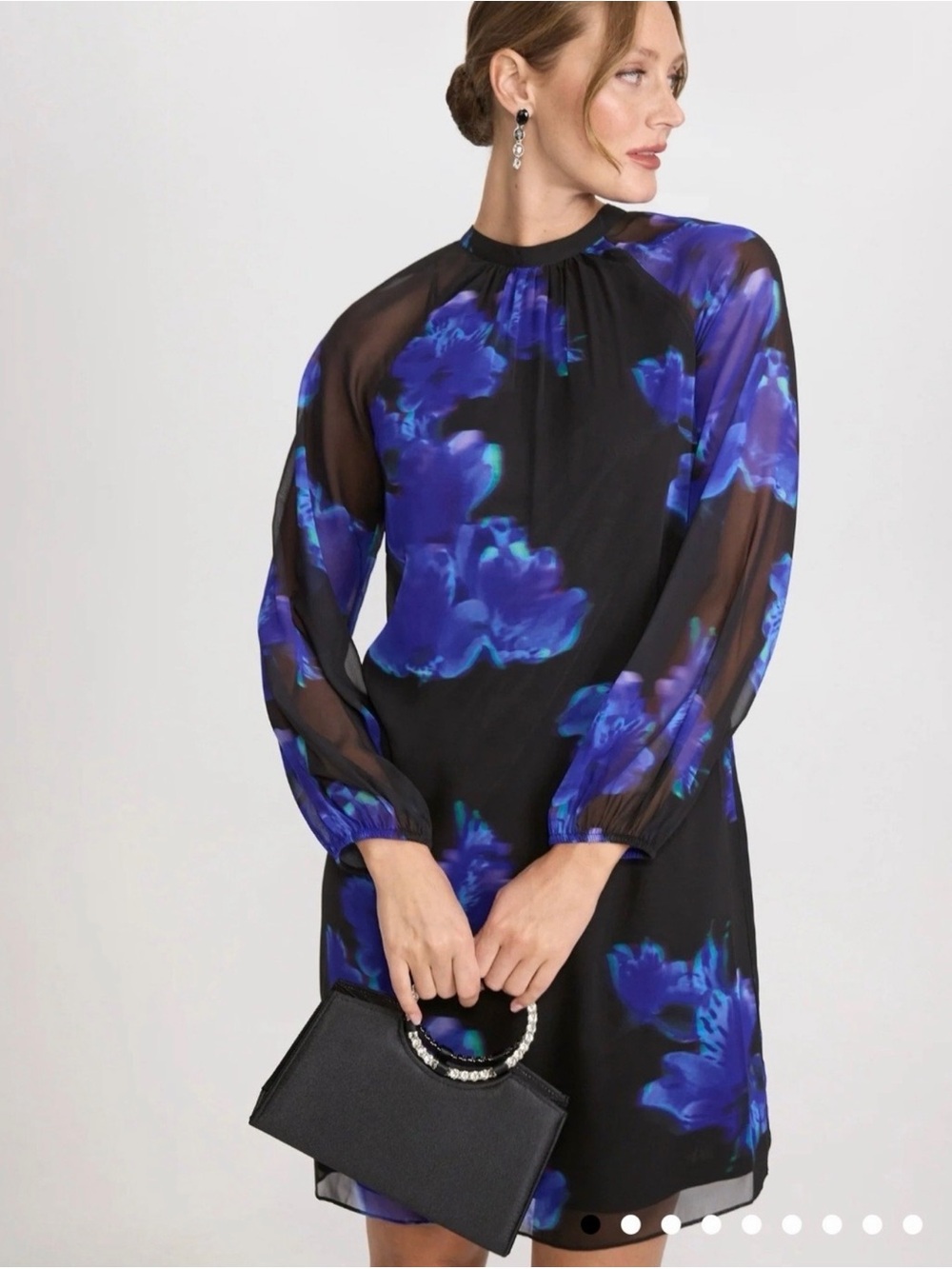 Long Sleeve Black Dress with Blue Floral Print